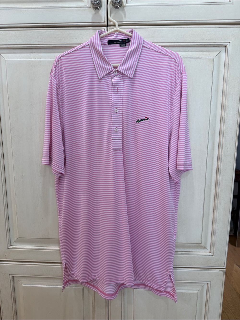 Ralph Lauren Pink & White Striped golf Polo Shirt with Fishers Island Logo